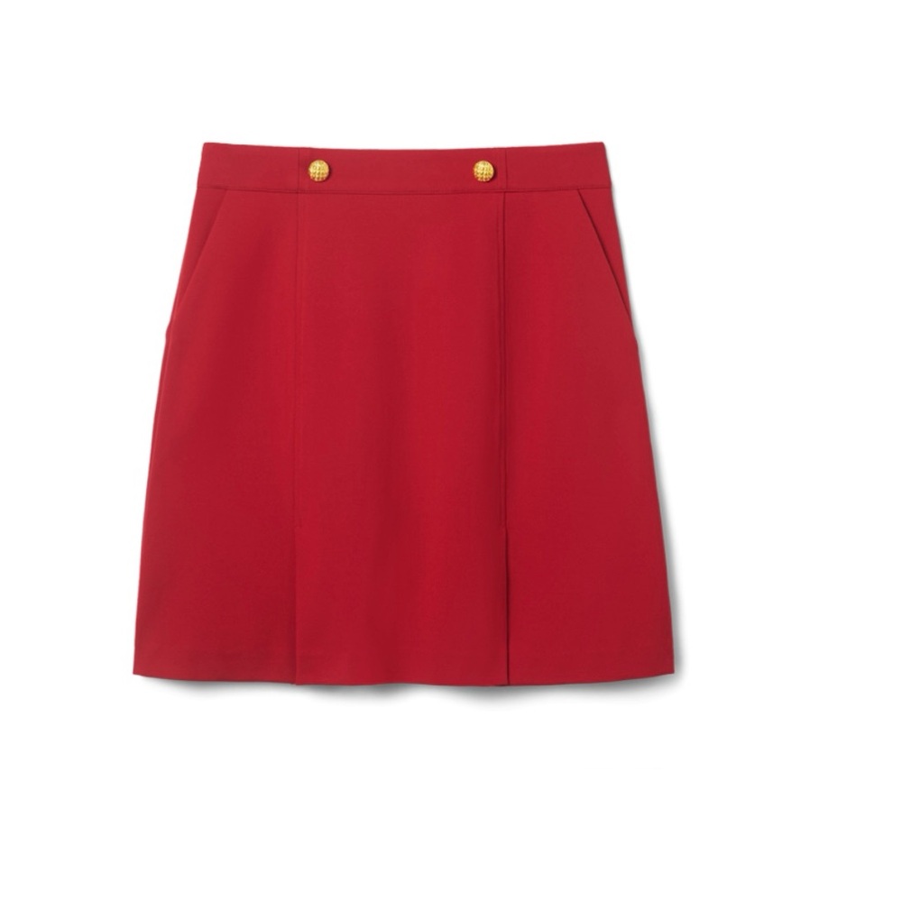Cabi 2025 Elegant Red Skirt with Gold Accents. A line, back zip, slash pockets.